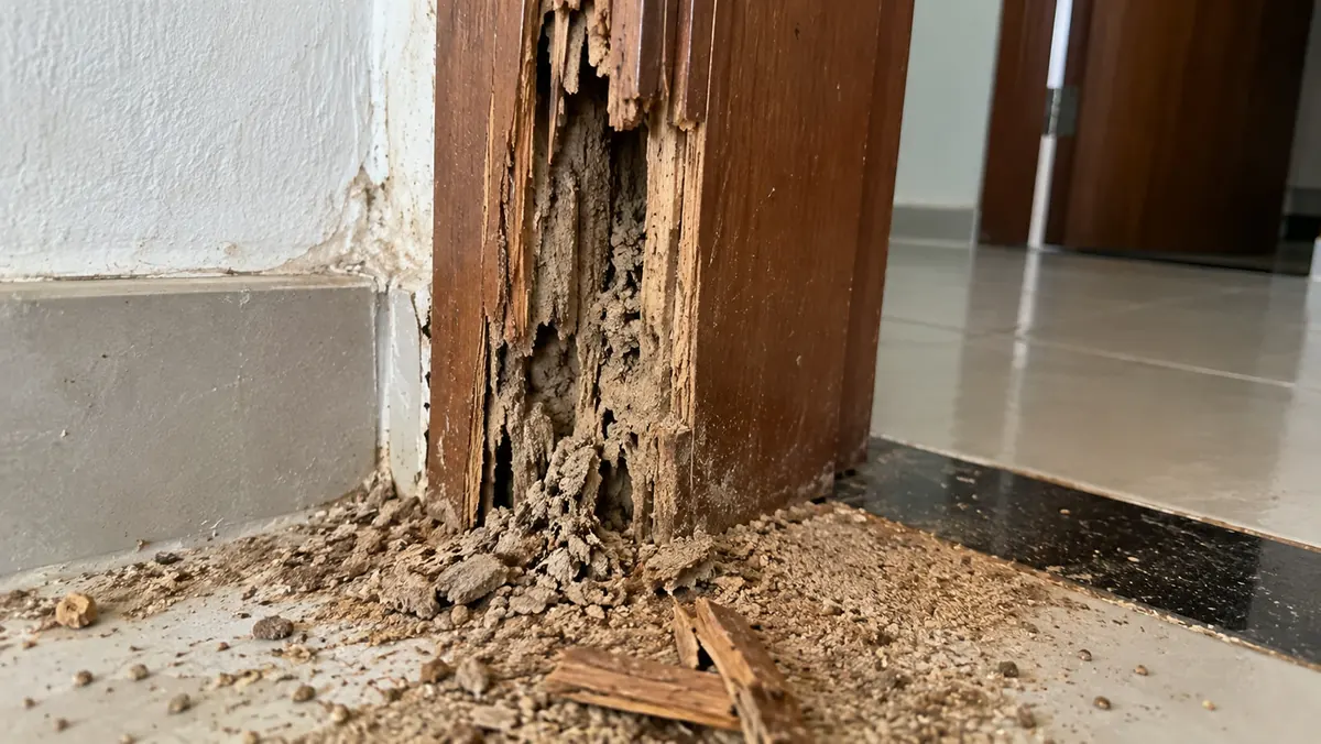 Batente e rodapé de madeira destruídos por cupim — dano estrutural que a Tamanduá Bahia identifica na inspeção técnica