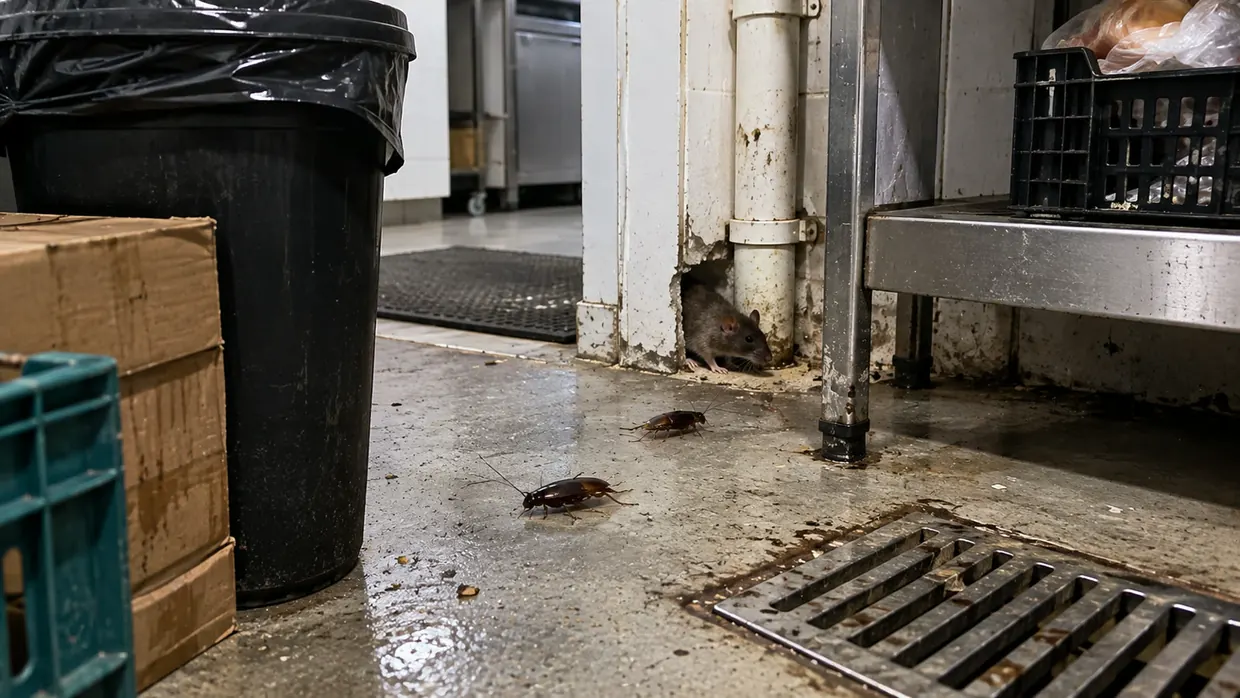 Rato e baratas em área de depósito comercial — pragas urbanas atendidas pela Tamanduá Bahia
